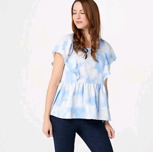 Du Jour Lg White and Gray Tie Dye Square Ruffled Neckline Swing Hem Nwot Blous - Picture 10 of 10